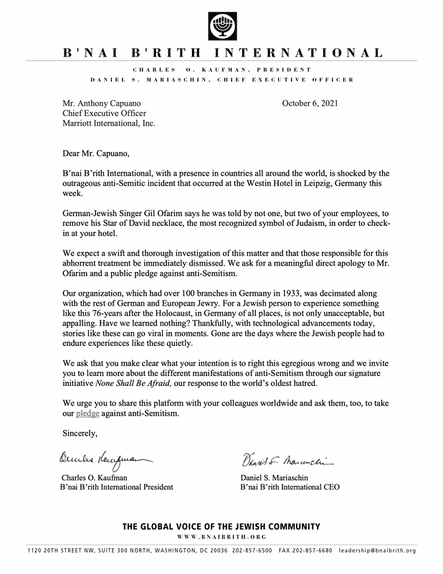 B'nai B'rith Letter to Marriott Regarding Anti-Semitic Treatment of Gil Ofarim and Marriott's Response